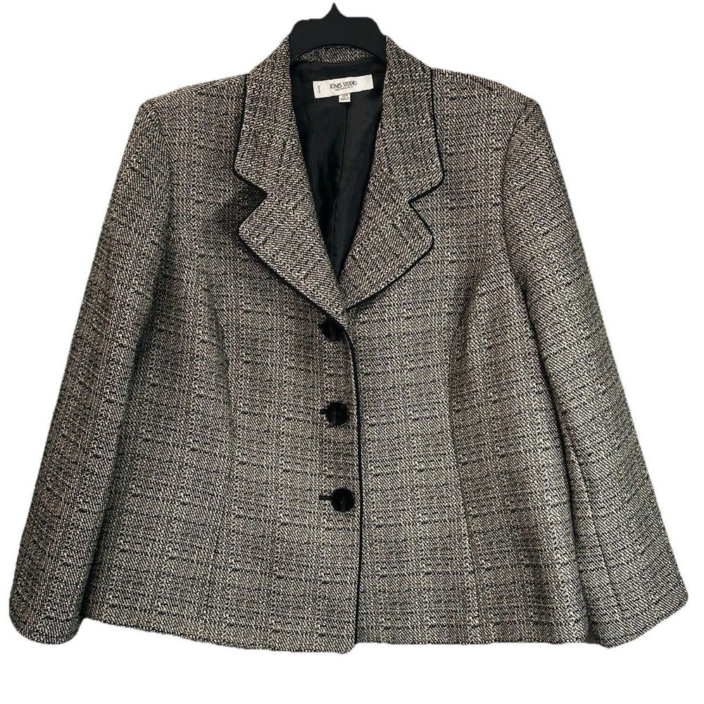 Jones Studio Jacket 16W Women’s Black Trim Check Lined Timeless Career Blazer